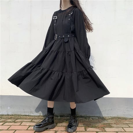 サスペンダーストラップ付き ワンピース リボンスリーブ クルーネック ハイウエスト 長袖 韓国ファッション レディース 大人可愛い ガーリー DTCA-649488736694