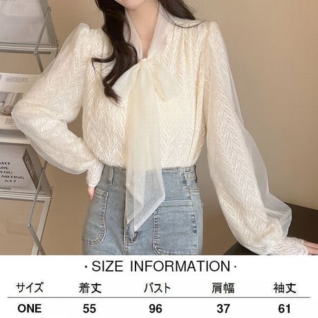 ブラウス リボンタイ  Vネック パフスリーブ 長袖 レトロ 韓国ファッション レディース 大人可愛い ガーリー フェミニン DTC-662818289310