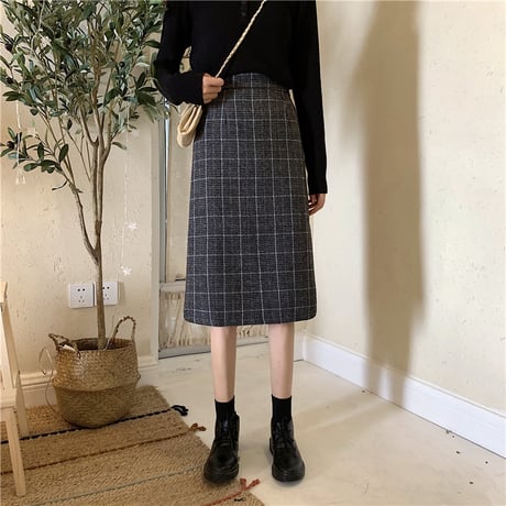 ロングスカート グレー チェック柄 韓国ファッション レディース 台形スカート ハイウエスト タイトスカート ウール 無地 レトロ 秋 冬 ガーリー (DTC-605623602308_04)