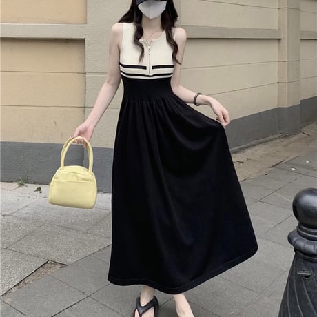 ニットワンピース ノースリーブ ファスナー サマーニット スリムフィット Aライン ロングワンピース ハイウエスト レトロ 大人可愛い ガーリー DTCA-823649264982