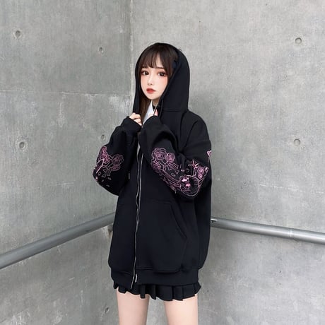 パーカー ジップアップ 袖プリント トップス フード付き スウェット ルーズ 長袖 レトロ 韓国ファッション レディース 大人可愛い ガーリー フェミニン DTCA-656978730390
