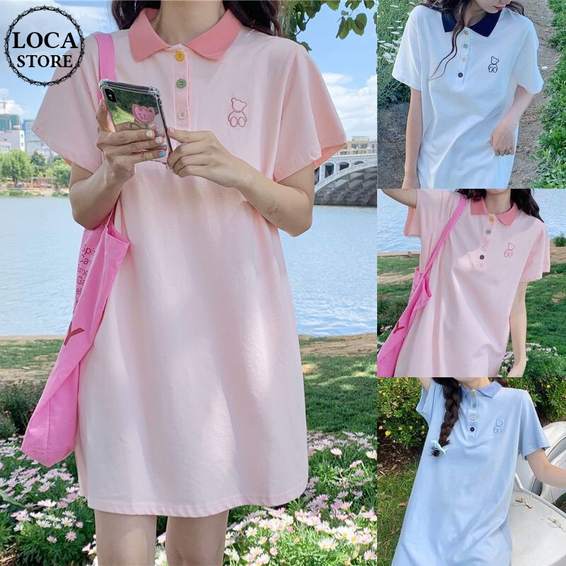 ポロワンピース カラフルボタン 半袖 薄手 ポロシャツ ワンピース 大人