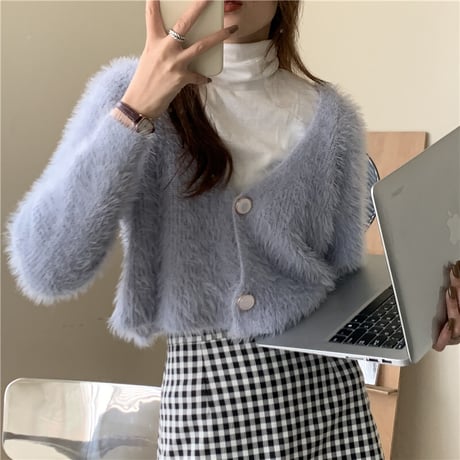クロップド丈 ニットカーディガン シングルブレスト シャギー風 Vネック 薄手 長袖 ショート丈 レトロ 韓国ファッション レディース 大人可愛い ガーリー DTC-628749209744