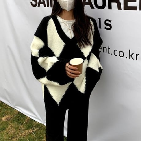 ダイヤ柄 ニット ニットセーター プルオーバー Vネック 長袖 ルーズ ゆったり レトロ 韓国ファッション レディース 大人可愛い ガーリー DTC-655919132061