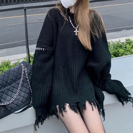 ダメージニット オーバーサイズ 厚手 ダメージ加工 ニットセーター ニット セーター 長袖 韓国ファッション レディース 大人可愛い ガーリー カジュアル DTC-660102336715