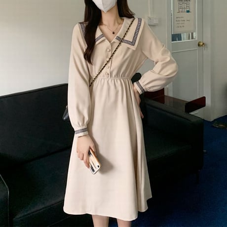 襟付き ワンピース フロントボタン ロング丈 ウエストゴム 長袖 ハイウエスト レトロ 韓国ファッション レディース 大人可愛い ガーリー DTC-657688440052