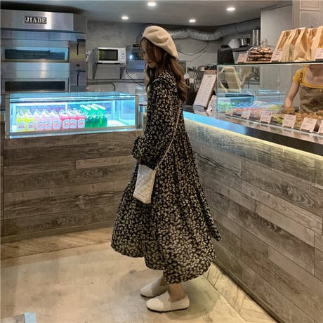 花柄 ワンピース 韓国ファッション レディース 大きい襟 フラワー フリル ハイウエスト ボタン 長袖 シンプル レトロ ガーリー (DTC-606073060234)