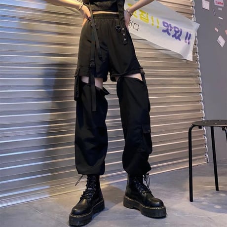 2WAY カーゴパンツ ワイドパンツ バックルベルト ストラップ ミリタリーパンツ アシンメトリー ウエストゴム 韓国ファッション レディース 大人可愛い ガーリー DTC-656242658198