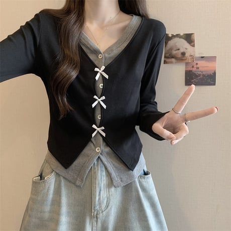レイヤード風 リボン トップス カーディガン Vネック スリムフィット 長袖 レトロ 大人可愛い ガーリー カジュアル フェミニン DTCA-840155150079