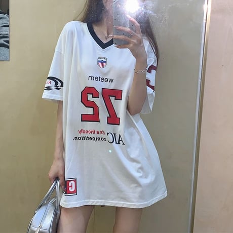 Tシャツ ユニフォーム風 Vネック オーバーサイズ トップス ビッグシルエット 半袖 レトロ 韓国ファッション レディース 大人可愛い ガーリー スポーツミックス DTC-802799667904