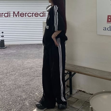 セットアップ サイドライン Tシャツ ワイドパンツ 半袖 ロゴ トップス スポーツミックス 上下セット レトロ 韓国ファッション レディース 大人可愛い ガーリー DTC-786931285601