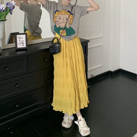 単品購入可 セットアップ ニットTシャツ 半袖 ロングスカート シャーリング ギャザー レトロ 韓国ファッション レディース 大人可愛い ガーリー カジュアル DTC-712098002737