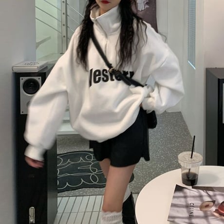 ハイネック ハーフジップ トレーナー オーバーサイズ トップス シンプル ルーズ レトロ 韓国ファッション レディース ガーリー カジュアル ストリート系 DTC-662910518099