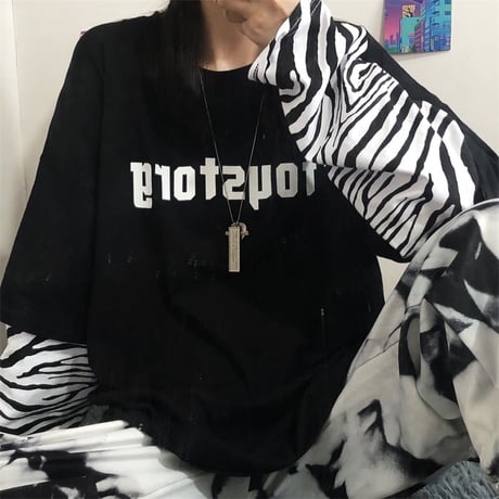 フェイクレイヤード ドッキングトップス tシャツ ロンT ゼブラ柄 長袖 レトロ 韓国ファッション レディース 大人可愛い ガーリー カジュアル ストリート系 DTC-625297358508