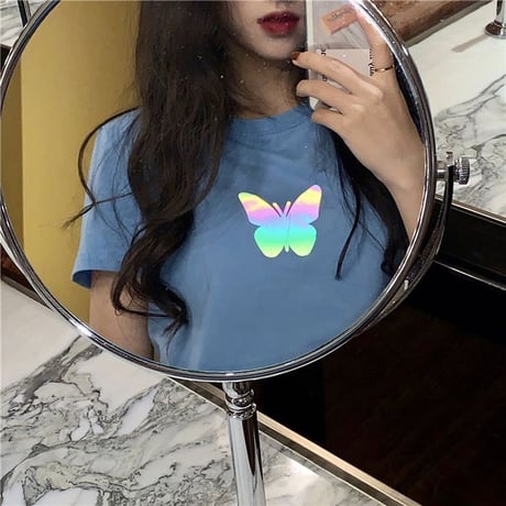 クロップド丈 Tシャツ 反射光 バタフライ 半袖 韓国ファッション レディース トップス ショート丈 プリント ガーリー カジュアル ストリートファッション DTC-617478923344