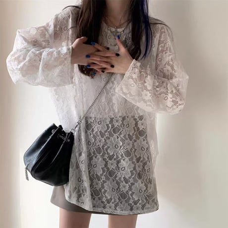 フラワーレース tシャツ 透け感 トップス ホワイト ブラック クルーネック レース ロンT 長袖 レトロ 大人可愛い ガーリー DTCA-865166902200