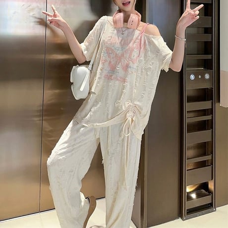 セットアップ 単品 ユーズド加工 Tシャツ ワイドパンツ ホルターネック ワンショルダー ドロスト 半袖 レトロ 韓国ファッション レディース 大人可愛い ガーリー DTC-805276142417