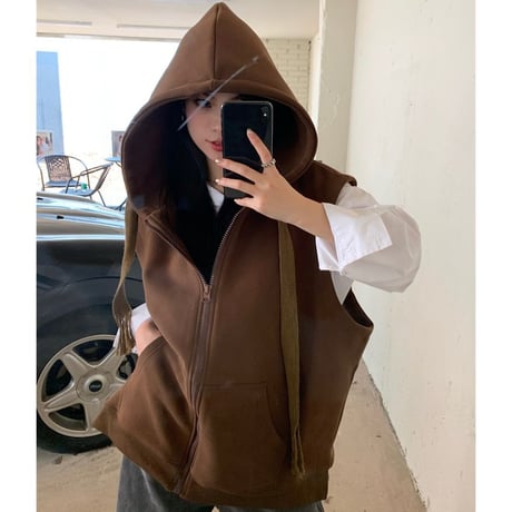 フード付き ベスト パーカー ベスト ジップアップ オーバーサイズ ルーズ レトロ 韓国ファッション レディース ガーリー カジュアル DTC-683052548777