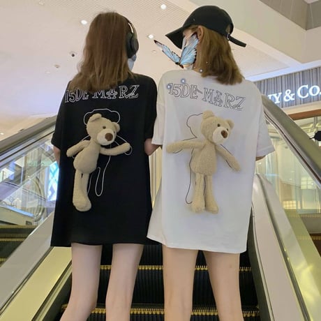 クマのぬいぐるみ付き Tシャツ オーバーサイズ 半袖 韓国ファッション レディース ルーズ トップス ゆったり カットソー カジュアル かわいい ガーリー DTC-618264974574