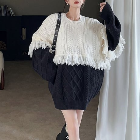 フリンジ 配色 ニット セーター ケーブル編み プルオーバー オーバーサイズ ルーズ ゆったり 長袖 レトロ 韓国ファッション レディース 大人可愛い ガーリー DTC-690768828720