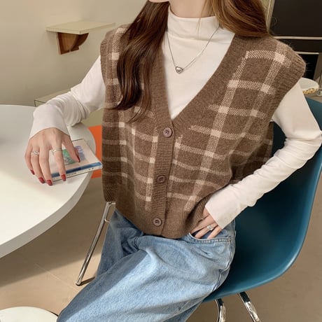 チェック柄 ニットベスト Vネック ゆったり 大きめ ルーズ カジュアル 韓国ファッション レディース 大人可愛い ガーリー DTC-654511723460