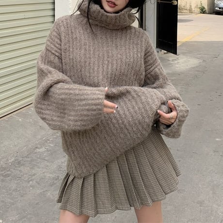 タートルネック リブニット ルーズ ハイネック ニット セーター ゆったり 長袖 レトロ 韓国ファッション レディース 大人可愛い ガーリー カジュアル DTC-691643863678