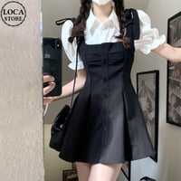 セットアップ クロップド丈 ブラウス ワンピース ジャンパースカート 半袖 パフスリーブ ハイウエスト レトロ 韓国ファッション レディース 大人可愛い ガーリー DTC-673400101426