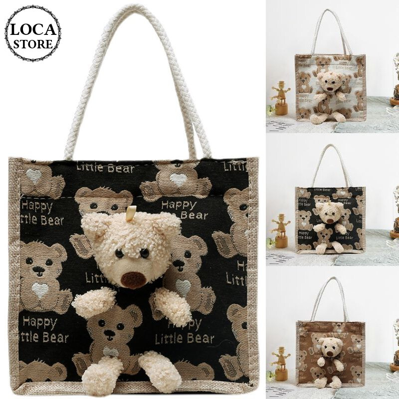 クマのぬいぐるみ付き 麻バッグ クマ柄 ハンドバッグ キャンバス