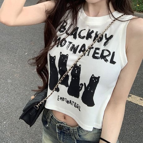 ノースリーブ トップス 猫プリント タンクトップ ショート丈 クルーネック レトロ 韓国ファッション レディース 大人可愛い ガーリー DTC-722252930833