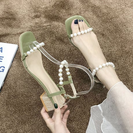 サンダル イミテーションパール アンクルストラップ チャンキーヒール 4.5cm スクエアトゥ 韓国ファッション レディース 痛くない かわいい 靴 歩きやすい 597358297090