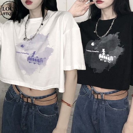Tシャツ クロップド丈 半袖 フロントプリント トップス ショート丈 クルーネック レトロ 韓国ファッション レディース 大人可愛い ガーリー カジュアル DTC-647653058151