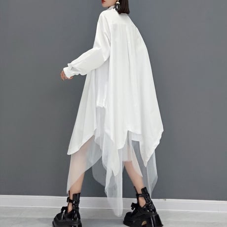 ロングシャツ シャツワンピース チュール シャツ ワンピース アシンメトリー ルーズ 長袖 レトロ 韓国ファッション レディース 大人可愛い ガーリー DTC-653970172988