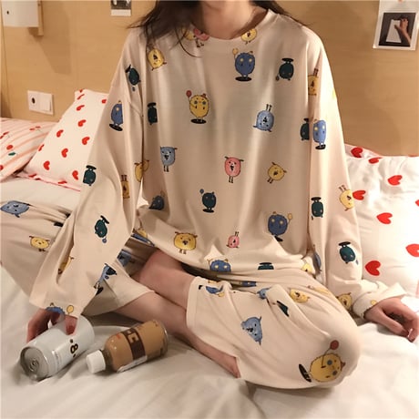 【ルームウェア】 パジャマ セットアップ トップス + パンツ プリント ラウンドネック 上下セット 長袖 韓国ファッション レディース 625829795764