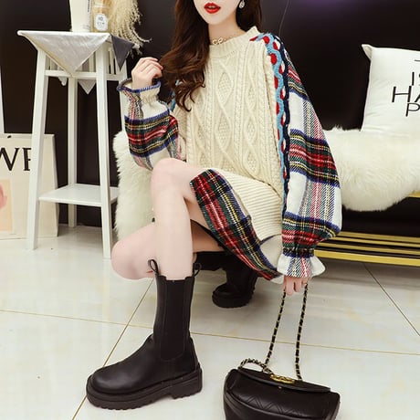 ドッキングトップス フェイクレイヤード ケーブル編み ニット ＋ チェック ネルシャツ 韓国ファッション レディース ラウンドネック 保温 大人カジュアル ガーリー DTC-628217939644