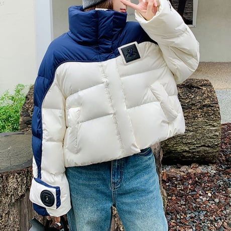 ダウンジャケット 中綿 バイカラー スタンドネック 中綿ジャケット ブルゾン アウター ジップアップ ゆったり 長袖 レトロ 大人可愛い ガーリー カジュアル DTCA-811244559449