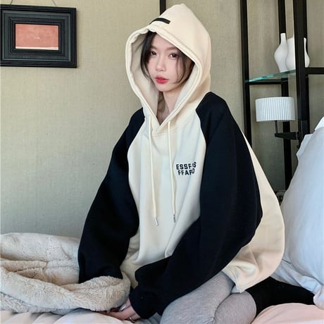 バイカラー パーカー アプリコット プルオーバー オーバーサイズ ビッグシルエット レトロ 韓国ファッション レディース カジュアル 韓国ストリートファッション DTC-684860027672_ap