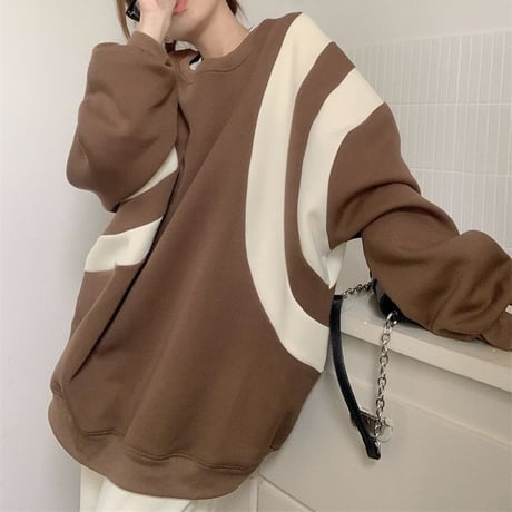 トレーナー トップス バイカラー 配色ライン プルオーバー オーバーサイズ ビッグシルエット レトロ 韓国ファッション レディース ガーリー カジュアル DTC-683210988059