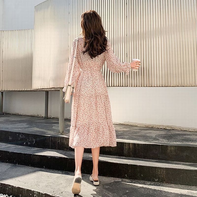 ワンピース 花柄 リボンタイ プリーツ パフスリーブ Aライン 長袖 韓国