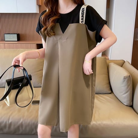 フェイクレイヤード ワンピース Tシャツ ドッキングワンピース ルーズ ゆったり プルオーバー 半袖 レトロ 韓国ファッション レディース 大人可愛い ガーリー DTC-703970746662