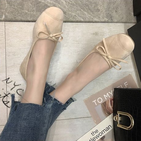 パンプス リボン フラットシューズ スエード ぺたんこ 韓国ファッション レディース シンプル フラットパンプス シューズ ラウンドトゥ キュート かわいい 598041301176