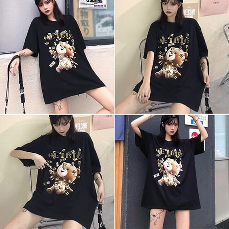 ユニセックス Tシャツ 半袖 メンズ レディース ラウンドネック お金をばら撒いてるクマちゃん ベアー プリント オーバーサイズ 大きいサイズ ルーズ ストリート TBN-620324568986