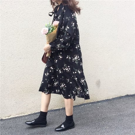 レディース リボン 花柄ワンピース ロング丈 ボウタイ フェミニン 韓国ファッション オルチャン (DCT-575431180054)