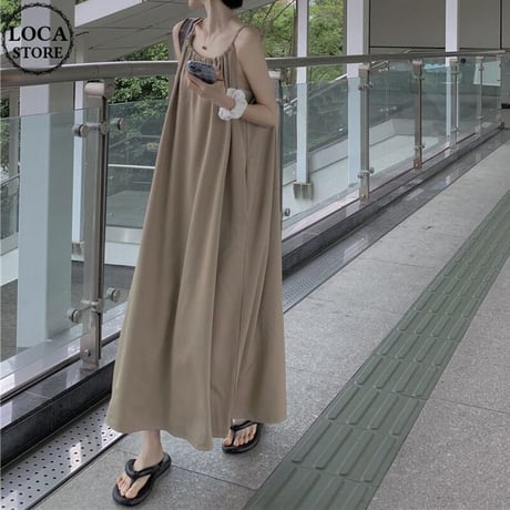 キャミワンピース ノースリーブ ギャザー マキシ丈 マキシワンピース 体型カバー ゆったりウエスト レトロ 大人可愛い ガーリー 韓国ファッション レディース DTC-708870156686