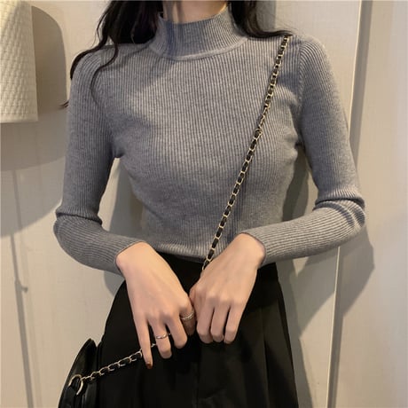 【2枚セット】 全9カラー組み合わせ自由 ニット スリムフィット ハーフハイネック スリムニット リブニット 長袖 レトロ 大人可愛い ガーリー DTC-661710290179