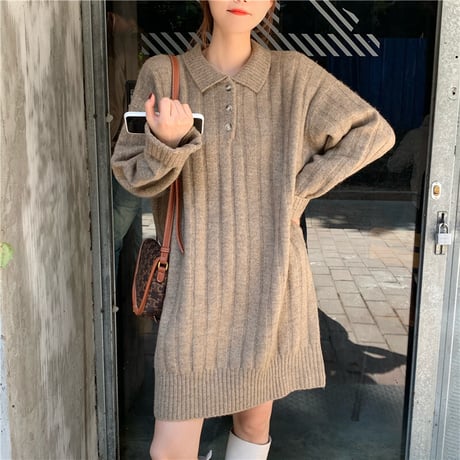 襟付き ニットワンピース ポロニット 厚手 ニット ワンピース ゆったり 韓国ファッション レディース カジュアル 大人可愛い ガーリー DTC-658628360608