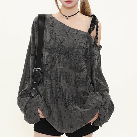ロンt リボンモチーフ プリント 薄手 ワンショルダー ダメージ加工 tシャツ トップス ゆったり ルーズ 長袖 レトロ 大人可愛い ガーリー カジュアル DTCA-930223444481