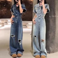 ヴィンテージ風 デニム ジャンプスーツ ダメージ加工 ウォッシュ加工 オールインワン 半袖  レトロ 大人可愛い ガーリー カジュアル DTCA-923359340988