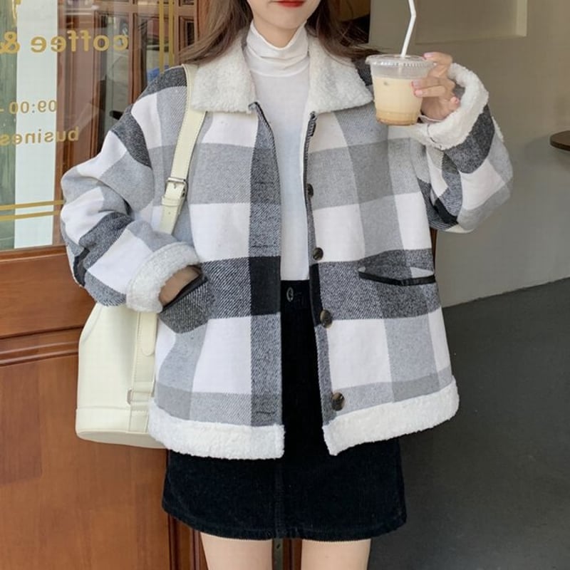 MIRROR9 チェック柄ボアリバーシブルジャケット Lサイズ グレー ボアジャケット ジャケット ボア アウター レディース メンズライク