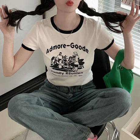 レトロプリント Tシャツ ショート丈 半袖 クルーネック スリムフィット レトロ カジュアル ストリートファッション ストリート系女子 DTCA-702505709620