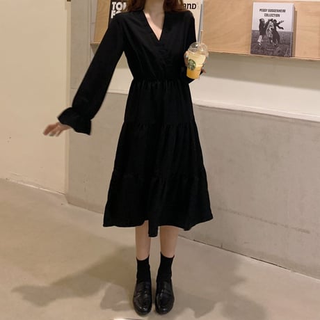 ティアードワンピース Vネック ロング丈 ハイウエスト 長袖 韓国ファッション レディース ミニワンピース 大人可愛い ガーリー フェミニン DTC-652647299876